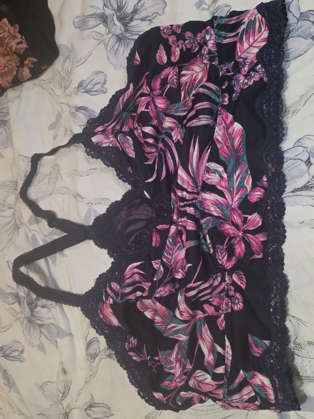 Torrid Navy Floral Lace-Trim Bralette with Pink & Teal Accents